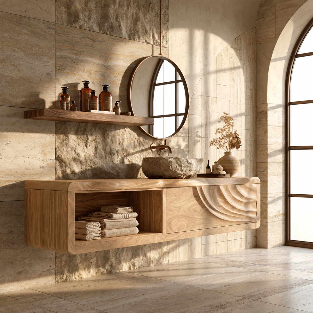 Natural Solid Wood Floating Bathroom Vanity with Shell Carved Storage - Livewoodcraft - 3