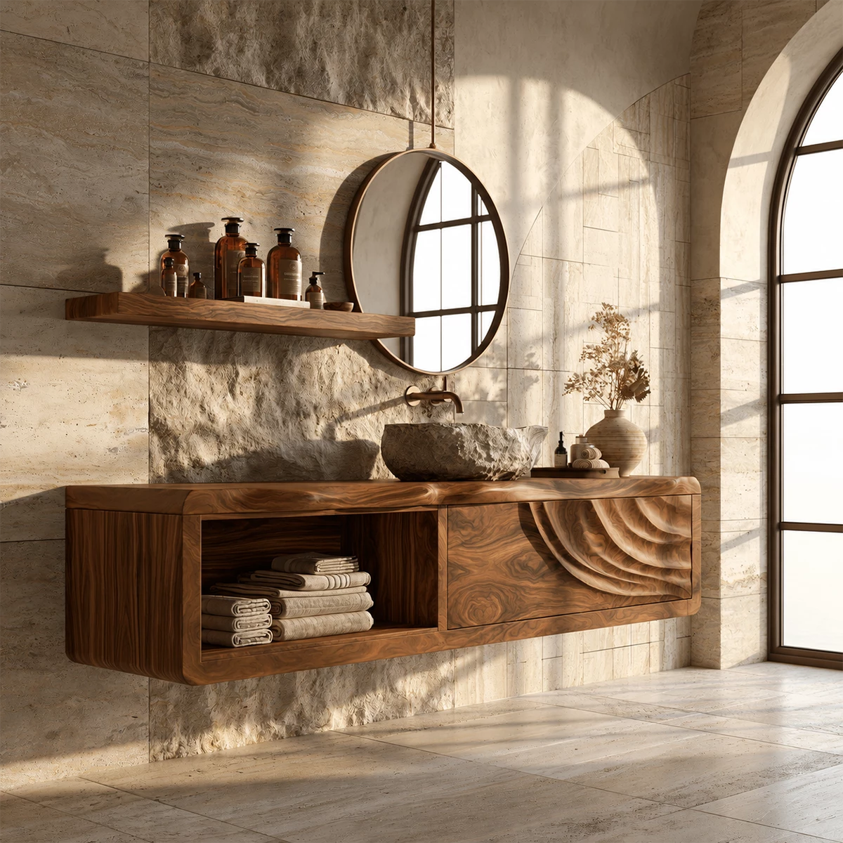 Natural Solid Wood Floating Bathroom Vanity with Shell Carved Storage - Livewoodcraft - 4