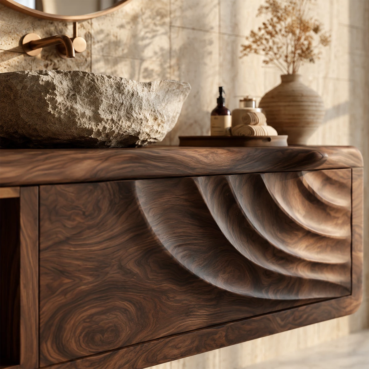 Natural Solid Wood Floating Bathroom Vanity with Shell Carved Storage - Livewoodcraft - 5