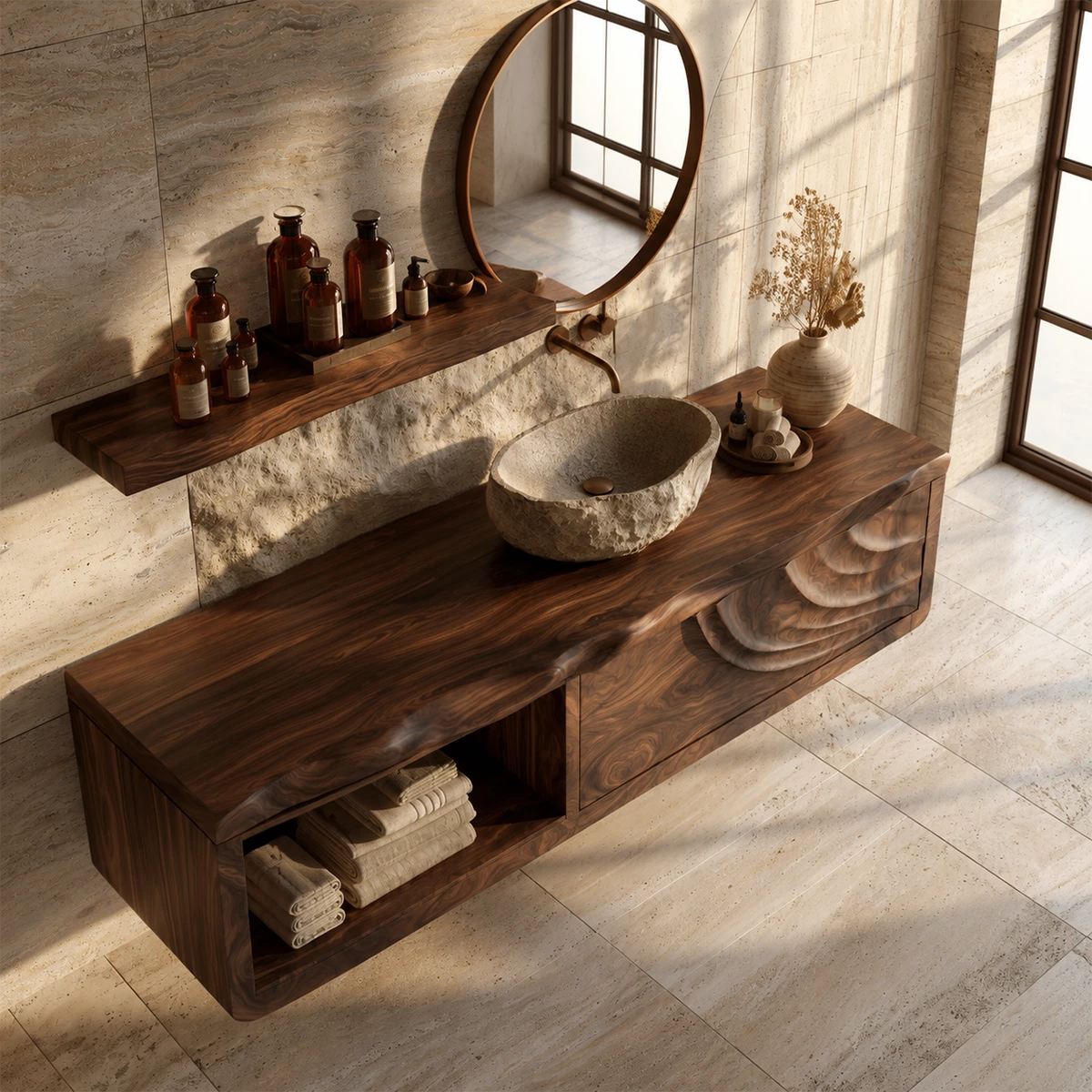 Natural Solid Wood Floating Bathroom Vanity with Shell Carved Storage - Livewoodcraft - 6