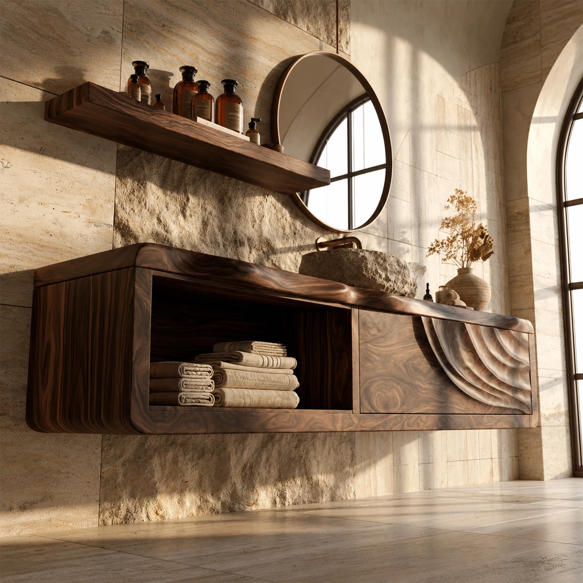 Natural Solid Wood Floating Bathroom Vanity with Shell Carved Storage - Livewoodcraft - 7