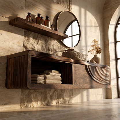 Natural Solid Wood Floating Bathroom Vanity with Shell Carved Storage - Livewoodcraft - 7