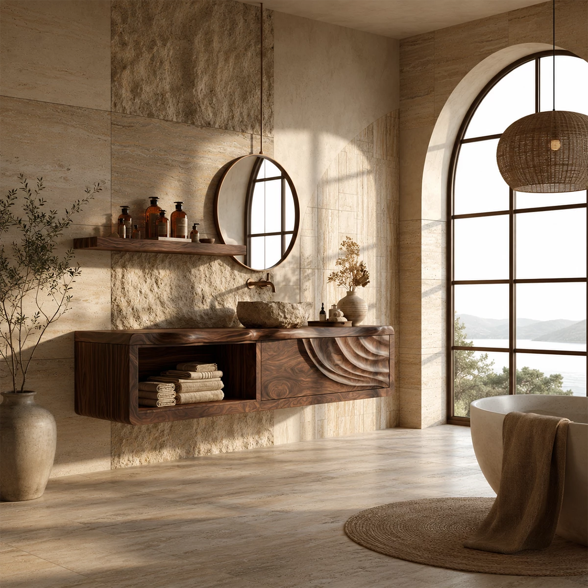 Natural Solid Wood Floating Bathroom Vanity with Shell Carved Storage - Livewoodcraft - 8