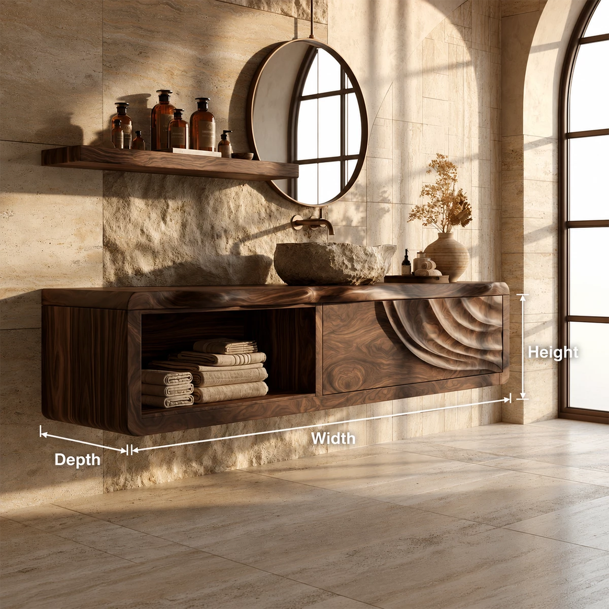 Natural Solid Wood Floating Bathroom Vanity with Shell Carved Storage - Livewoodcraft - 9