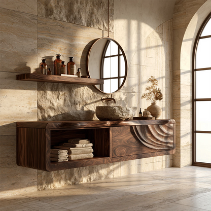 Natural Solid Wood Floating Bathroom Vanity with Shell Carved Storage - Livewoodcraft