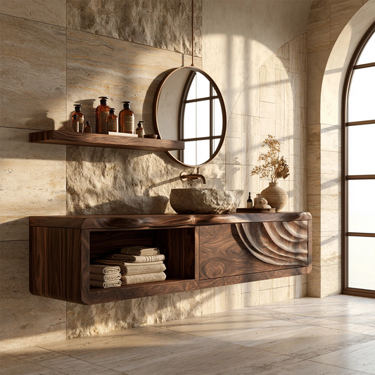 Natural Solid Wood Floating Bathroom Vanity with Shell Carved Storage - Livewoodcraft