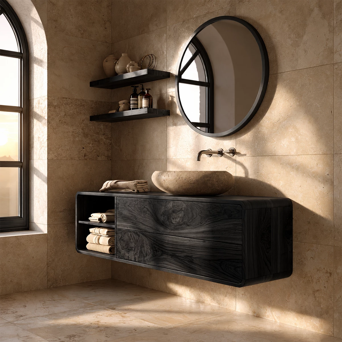 Natural Solid Wood Floating Bathroom Vanity with Two Drawers and Open Shelf - Livewoodcraft - 0848 - 3
