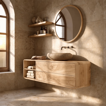 Natural Solid Wood Floating Bathroom Vanity with Two Drawers and Open Shelf - Livewoodcraft - 0848 - 4