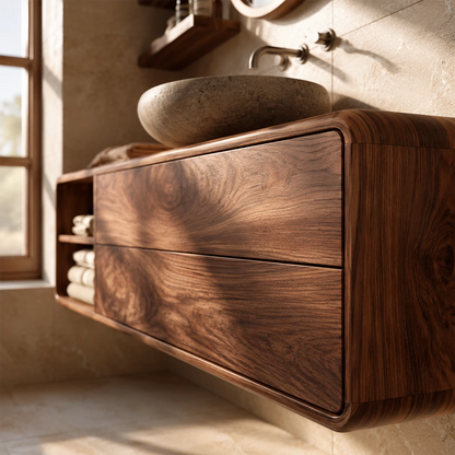 Natural Solid Wood Floating Bathroom Vanity with Two Drawers and Open Shelf - Livewoodcraft - 0848 - 5