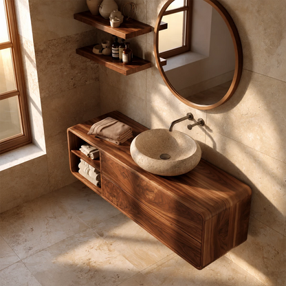 Natural Solid Wood Floating Bathroom Vanity with Two Drawers and Open Shelf - Livewoodcraft - 0848 - 6