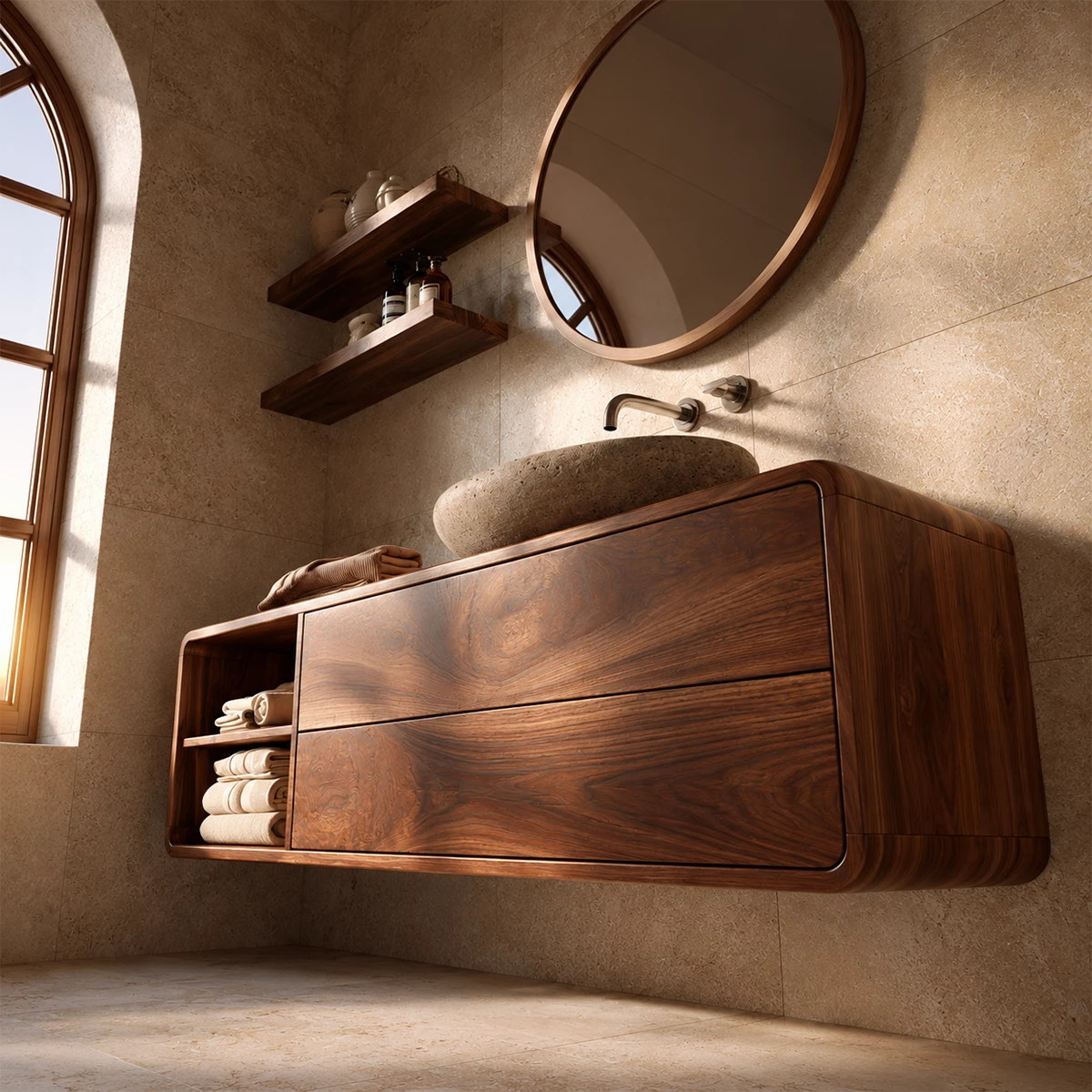Natural Solid Wood Floating Bathroom Vanity with Two Drawers and Open Shelf - Livewoodcraft - 0848 - 7