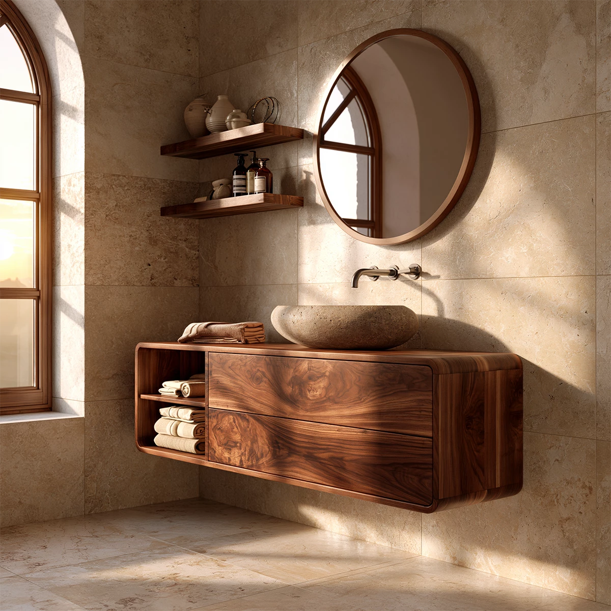 Natural Solid Wood Floating Bathroom Vanity with Two Drawers and Open Shelf - Livewoodcraft - 0848 - 9