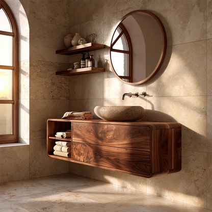 Natural Solid Wood Floating Bathroom Vanity with Two Drawers and Open Shelf - Livewoodcraft - 0848 - 9