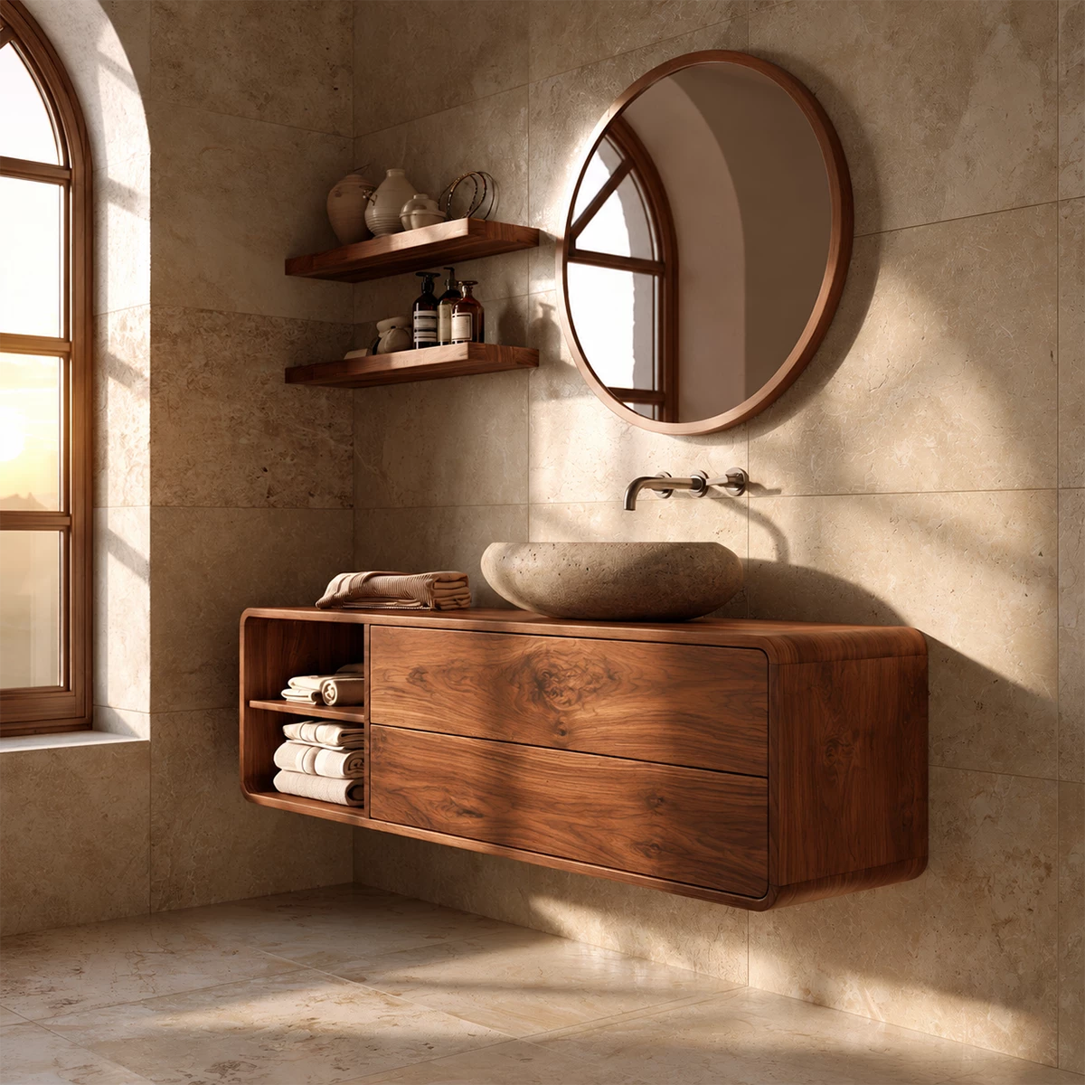 Natural Solid Wood Floating Bathroom Vanity with Two Drawers and Open Shelf - Livewoodcraft - 0848