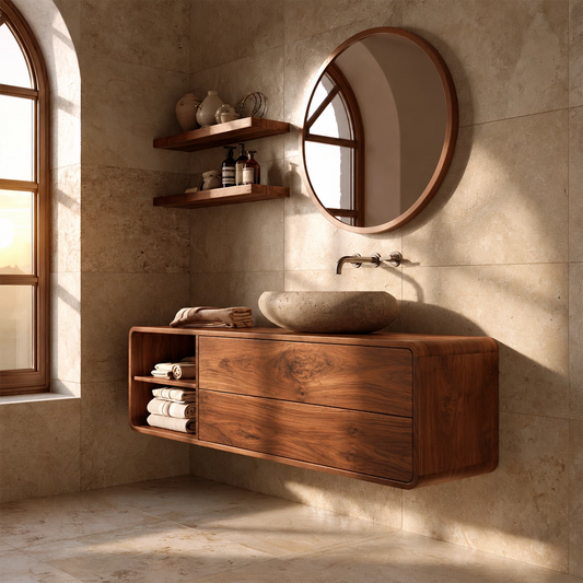Natural Solid Wood Floating Bathroom Vanity with Two Drawers and Open Shelf - Livewoodcraft - 0848