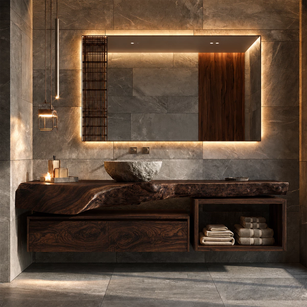 Natural Solid Wood Floating Bathroom Vanity with Two Drawers and Open Shelf - Livewoodcraft - 2