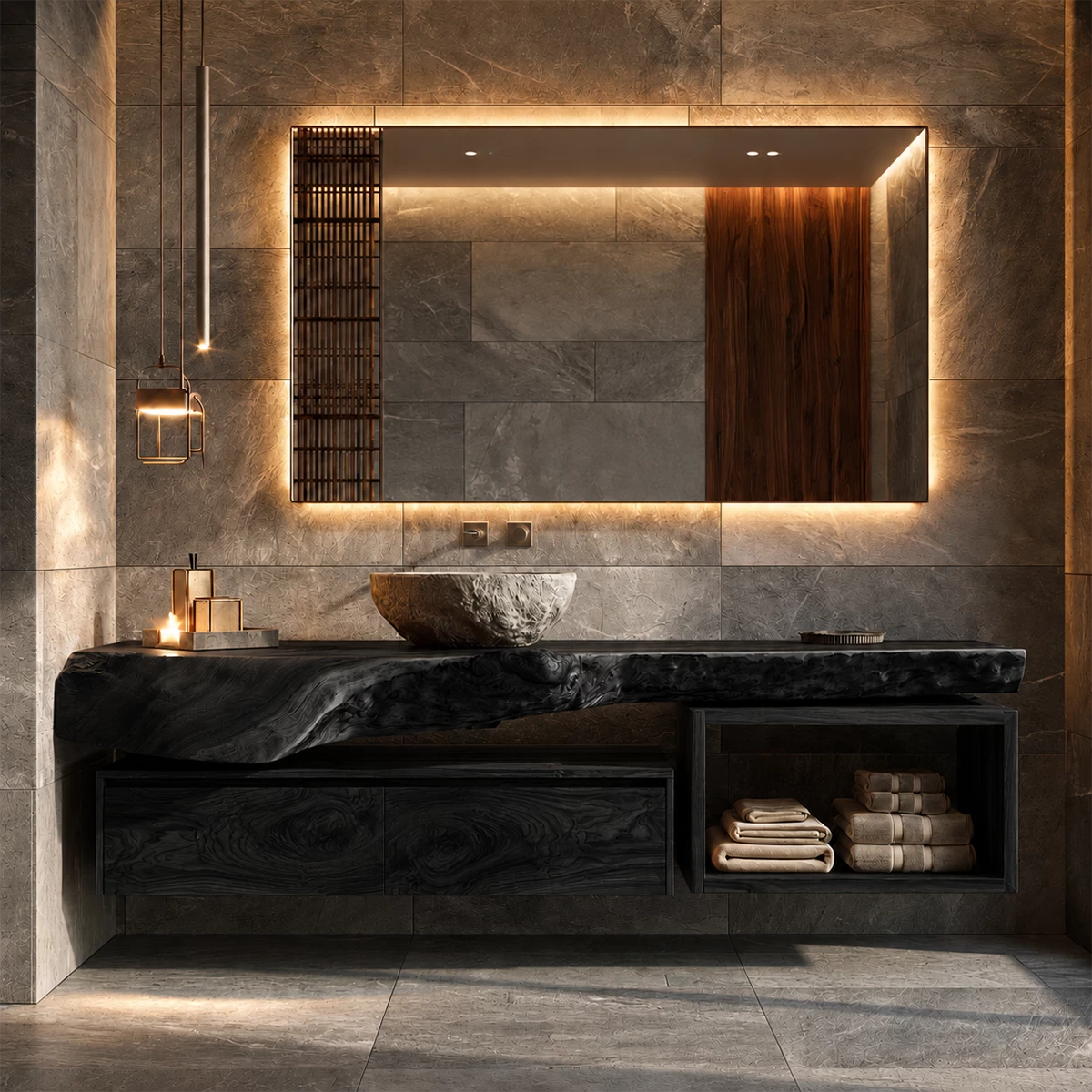 Natural Solid Wood Floating Bathroom Vanity with Two Drawers and Open Shelf - Livewoodcraft - 3