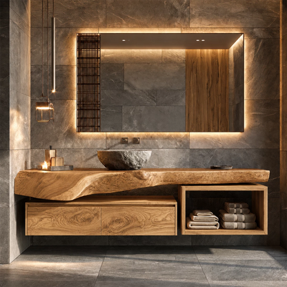 Natural Solid Wood Floating Bathroom Vanity with Two Drawers and Open Shelf - Livewoodcraft - 4