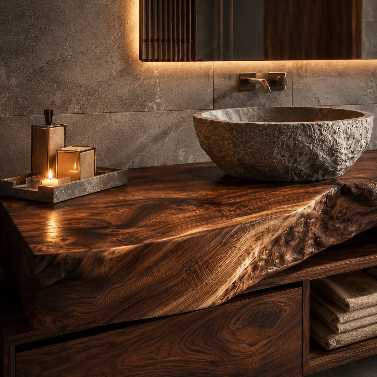 Natural Solid Wood Floating Bathroom Vanity with Two Drawers and Open Shelf - Livewoodcraft - 5