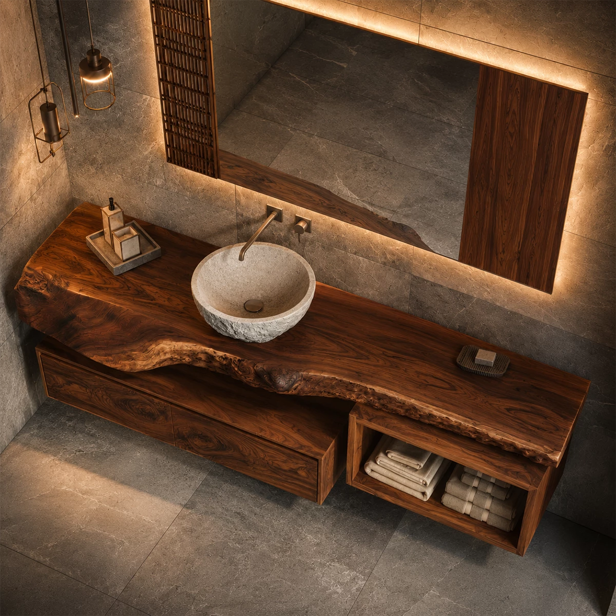 Natural Solid Wood Floating Bathroom Vanity with Two Drawers and Open Shelf - Livewoodcraft - 6