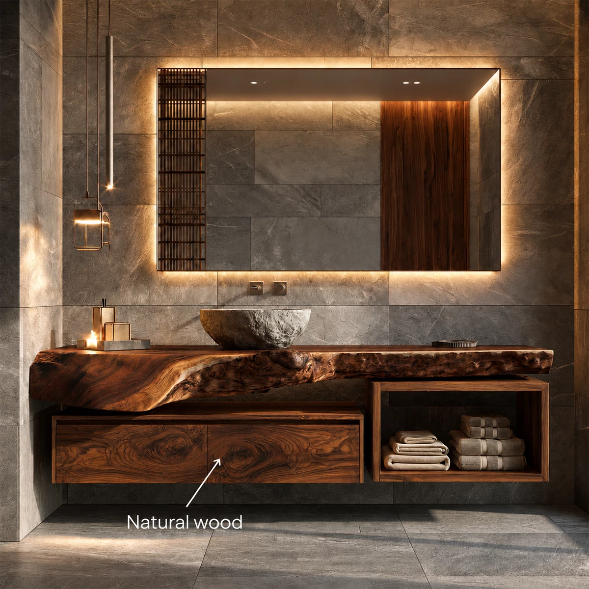 Natural Solid Wood Floating Bathroom Vanity with Two Drawers and Open Shelf - Livewoodcraft - 9