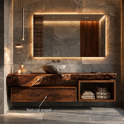 Natural Solid Wood Floating Bathroom Vanity with Two Drawers and Open Shelf - Livewoodcraft - 9