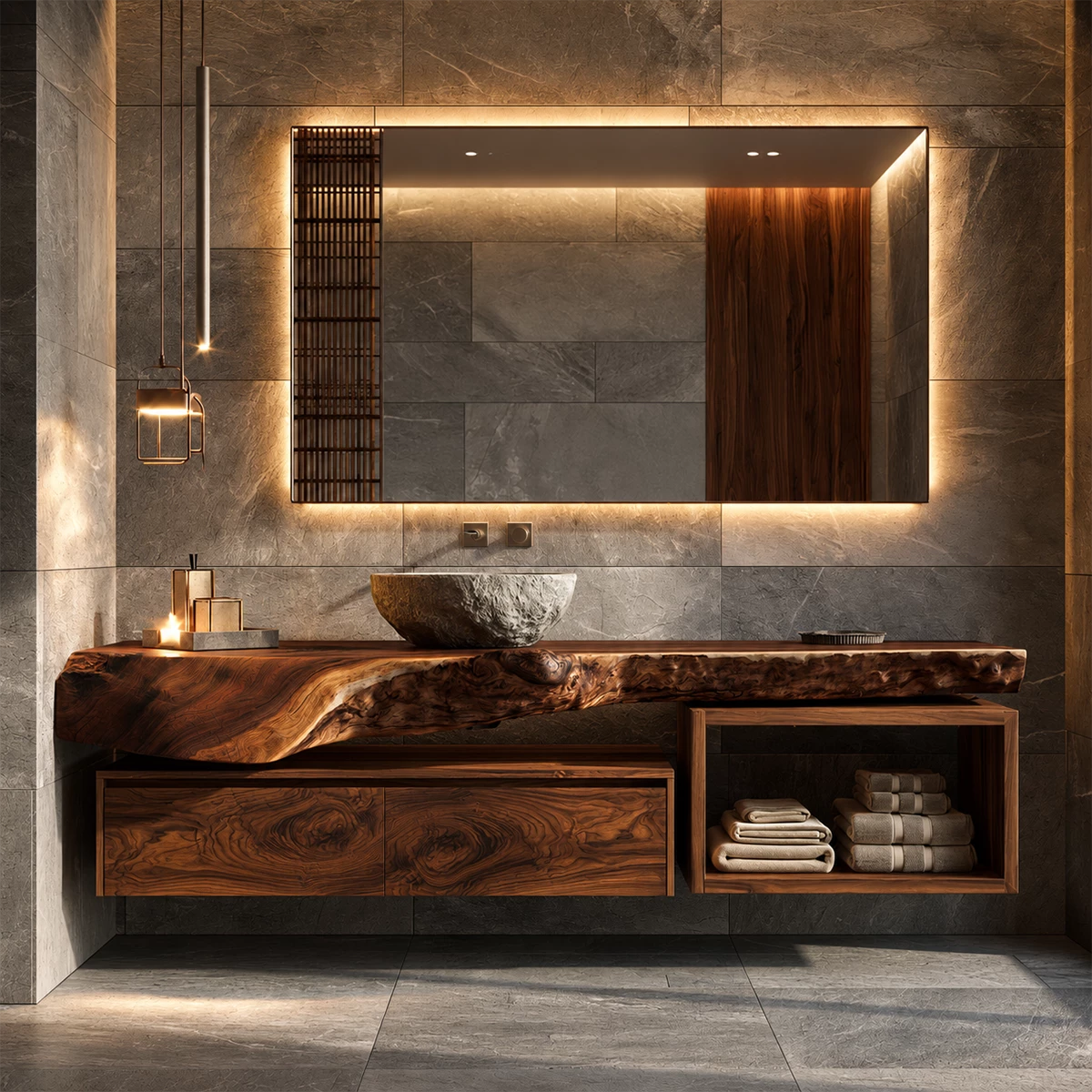 Natural Solid Wood Floating Bathroom Vanity with Two Drawers and Open Shelf - Livewoodcraft