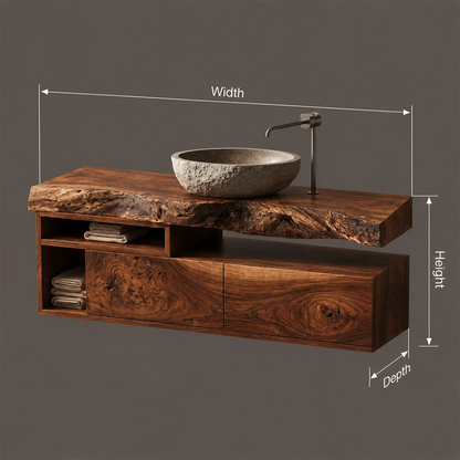 Natural Solid Wood Floating Bathroom Vanity with Two Drawers and Open Shelves - Livewoodcraft - 10