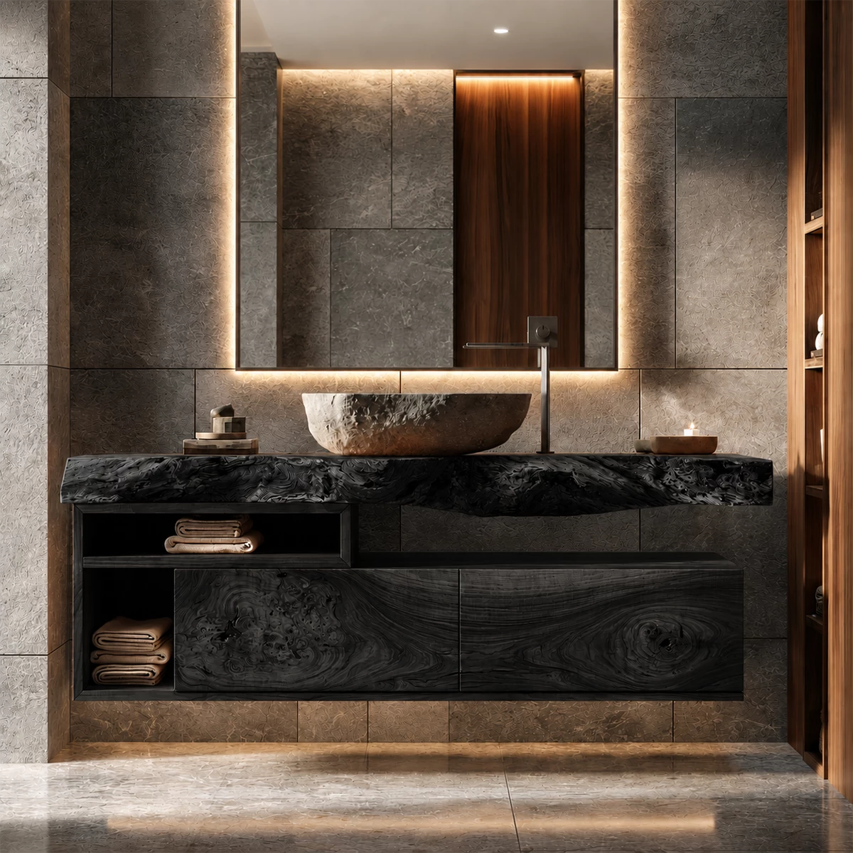 Natural Solid Wood Floating Bathroom Vanity with Two Drawers and Open Shelves - Livewoodcraft - 2