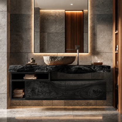 Natural Solid Wood Floating Bathroom Vanity with Two Drawers and Open Shelves - Livewoodcraft - 2