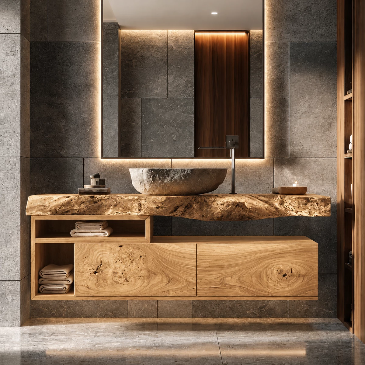 Natural Solid Wood Floating Bathroom Vanity with Two Drawers and Open Shelves - Livewoodcraft - 3