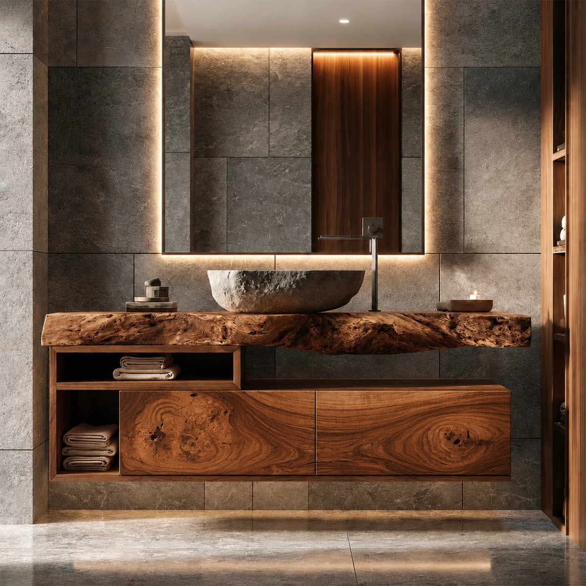 Natural Solid Wood Floating Bathroom Vanity with Two Drawers and Open Shelves - Livewoodcraft - 4