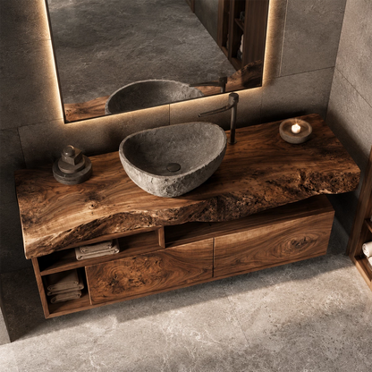 Natural Solid Wood Floating Bathroom Vanity with Two Drawers and Open Shelves - Livewoodcraft - 6
