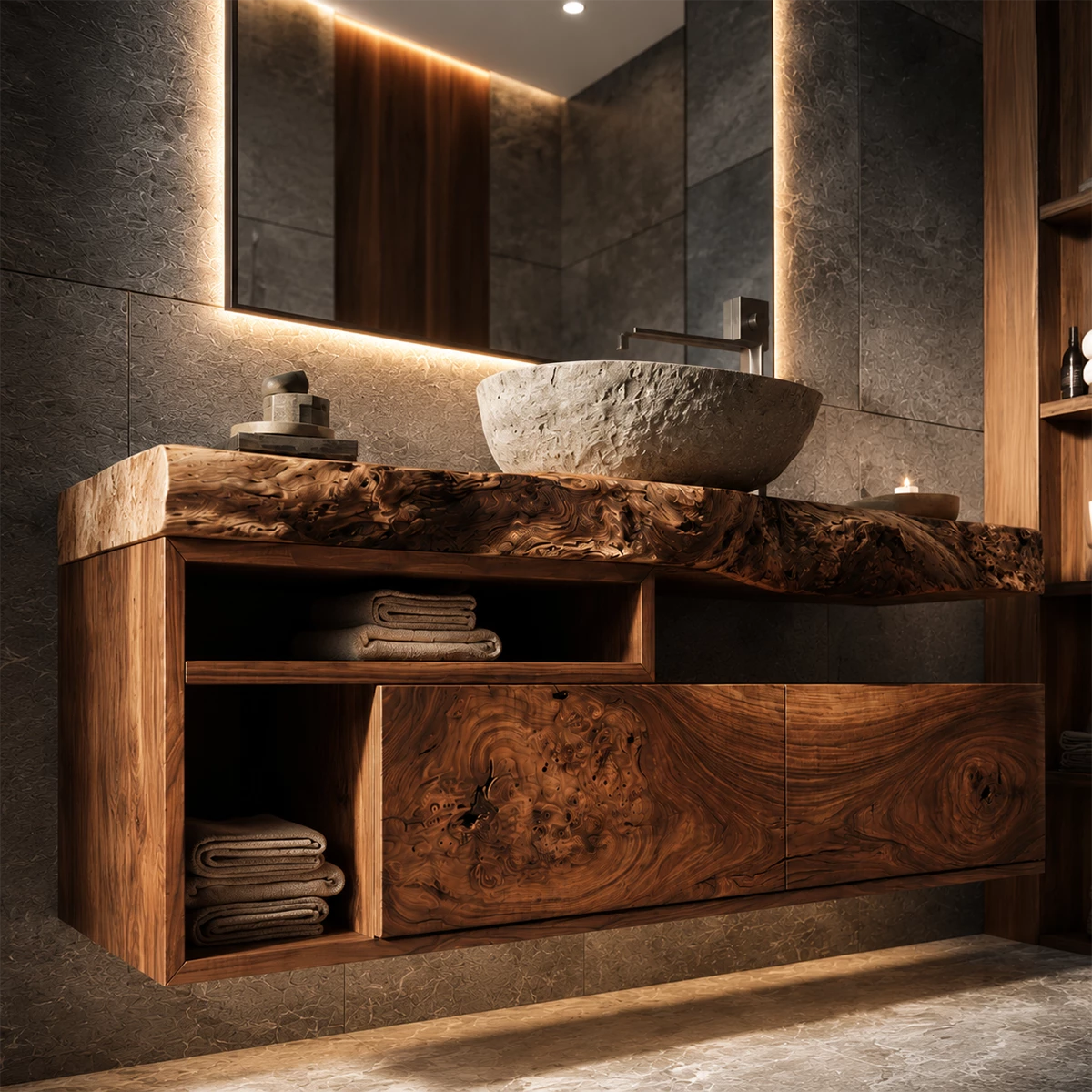 Natural Solid Wood Floating Bathroom Vanity with Two Drawers and Open Shelves - Livewoodcraft - 7