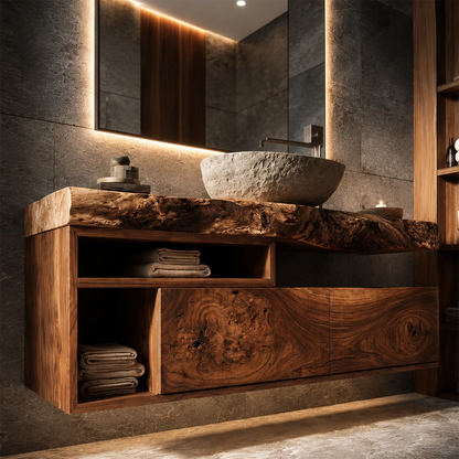 Natural Solid Wood Floating Bathroom Vanity with Two Drawers and Open Shelves - Livewoodcraft - 7