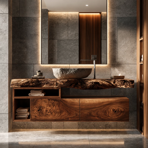 Natural Solid Wood Floating Bathroom Vanity with Two Drawers and Open Shelves - Livewoodcraft