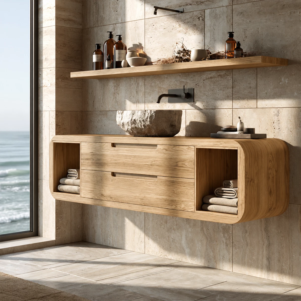 Natural Solid Wood Floating Bathroom Vanity with Two Drawers and Side Shelves - Livewoodcraft - 2