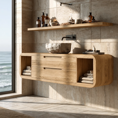 Natural Solid Wood Floating Bathroom Vanity with Two Drawers and Side Shelves - Livewoodcraft - 2