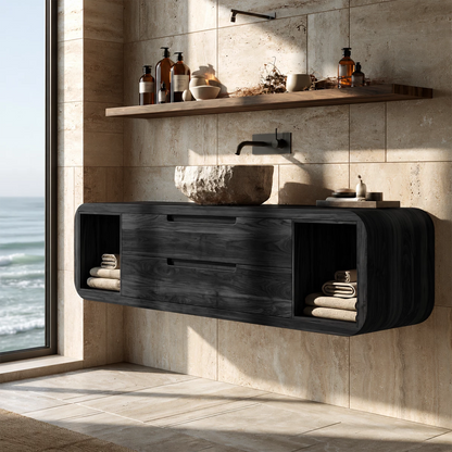 Natural Solid Wood Floating Bathroom Vanity with Two Drawers and Side Shelves - Livewoodcraft - 3