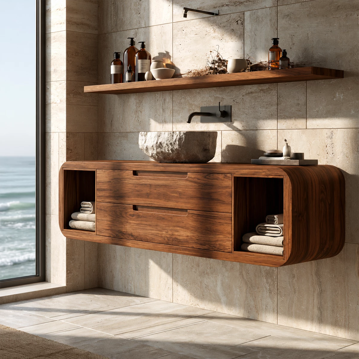 Natural Solid Wood Floating Bathroom Vanity with Two Drawers and Side Shelves - Livewoodcraft - 4