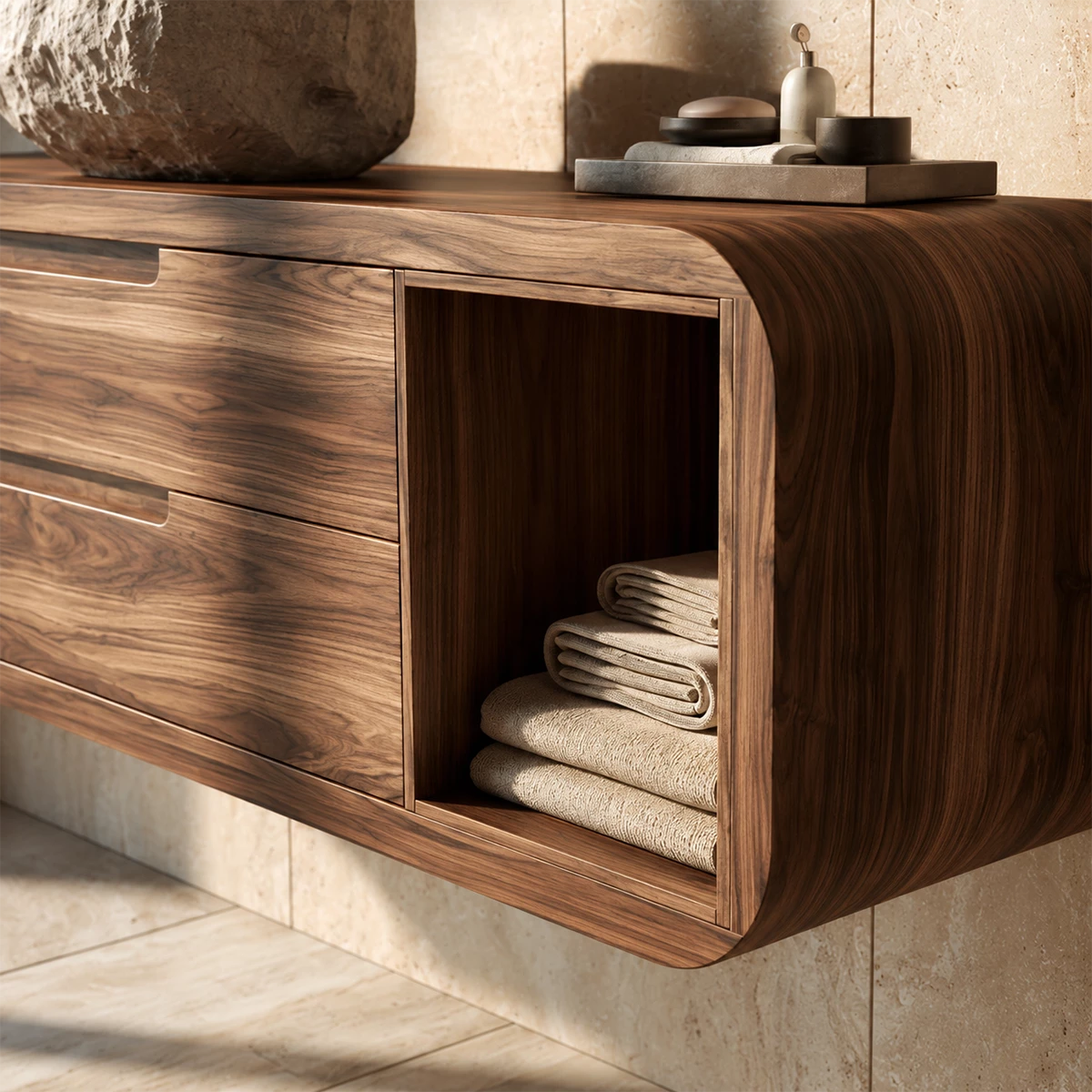 Natural Solid Wood Floating Bathroom Vanity with Two Drawers and Side Shelves - Livewoodcraft - 5