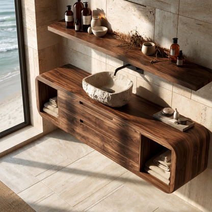 Natural Solid Wood Floating Bathroom Vanity with Two Drawers and Side Shelves - Livewoodcraft - 6
