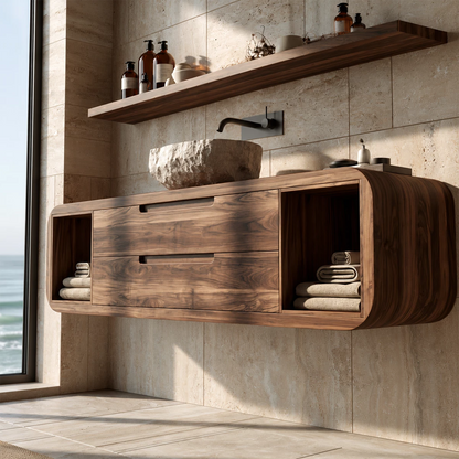Natural Solid Wood Floating Bathroom Vanity with Two Drawers and Side Shelves - Livewoodcraft - 7