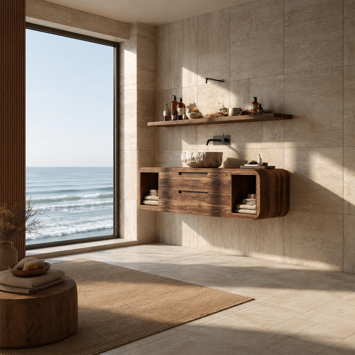 Natural Solid Wood Floating Bathroom Vanity with Two Drawers and Side Shelves - Livewoodcraft - 8