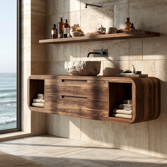 Natural Solid Wood Floating Bathroom Vanity with Two Drawers and Side Shelves - Livewoodcraft