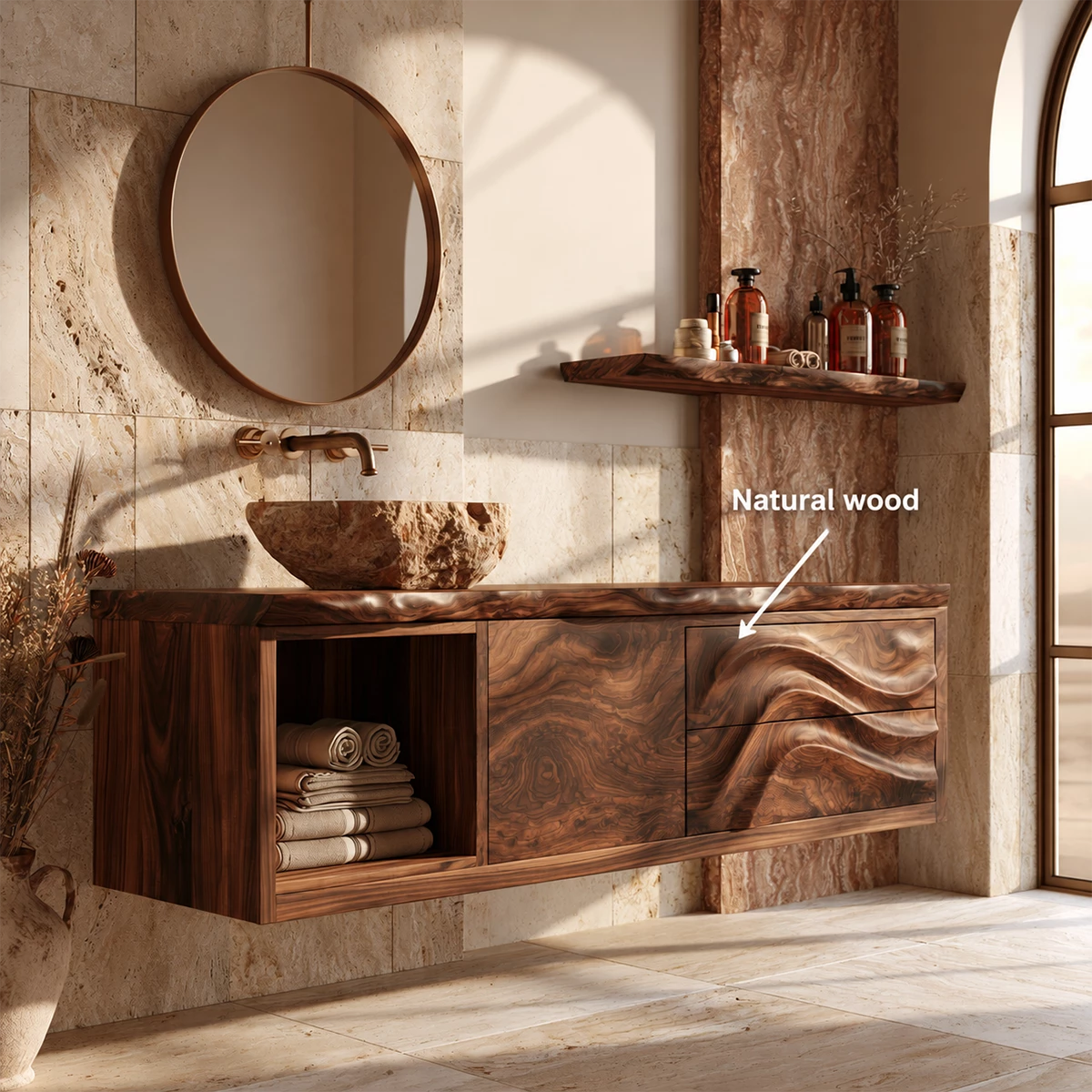 Natural Solid Wood Floating Bathroom Vanity with Wave Carved Drawers - Livewoodcraft - 10