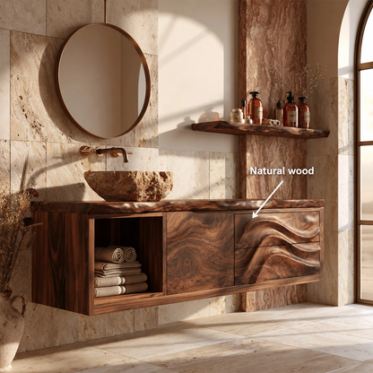 Natural Solid Wood Floating Bathroom Vanity with Wave Carved Drawers - Livewoodcraft - 10