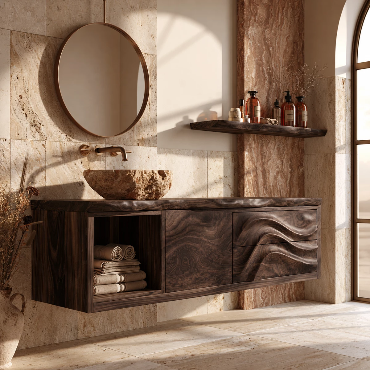Natural Solid Wood Floating Bathroom Vanity with Wave Carved Drawers - Livewoodcraft - 2