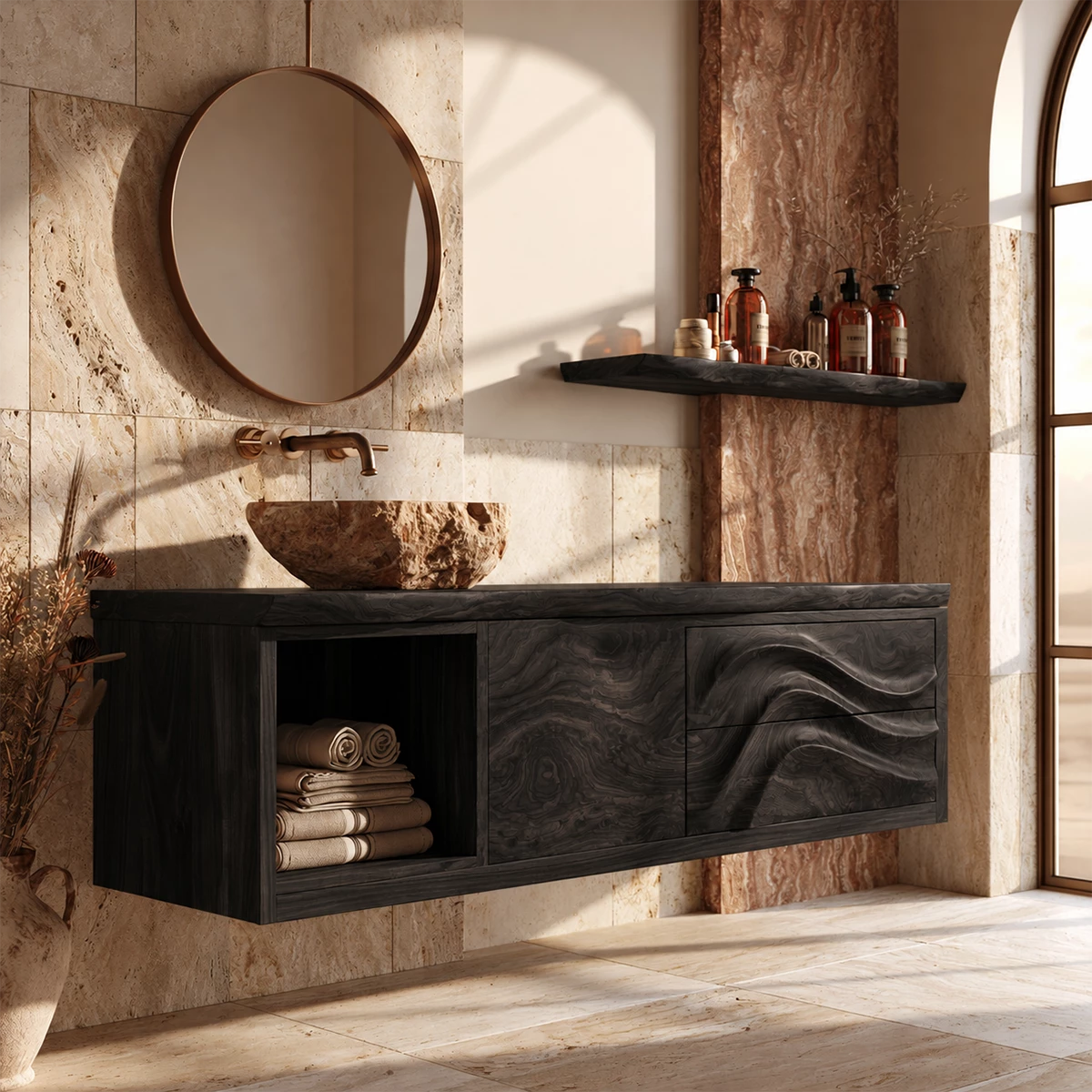 Natural Solid Wood Floating Bathroom Vanity with Wave Carved Drawers - Livewoodcraft - 3