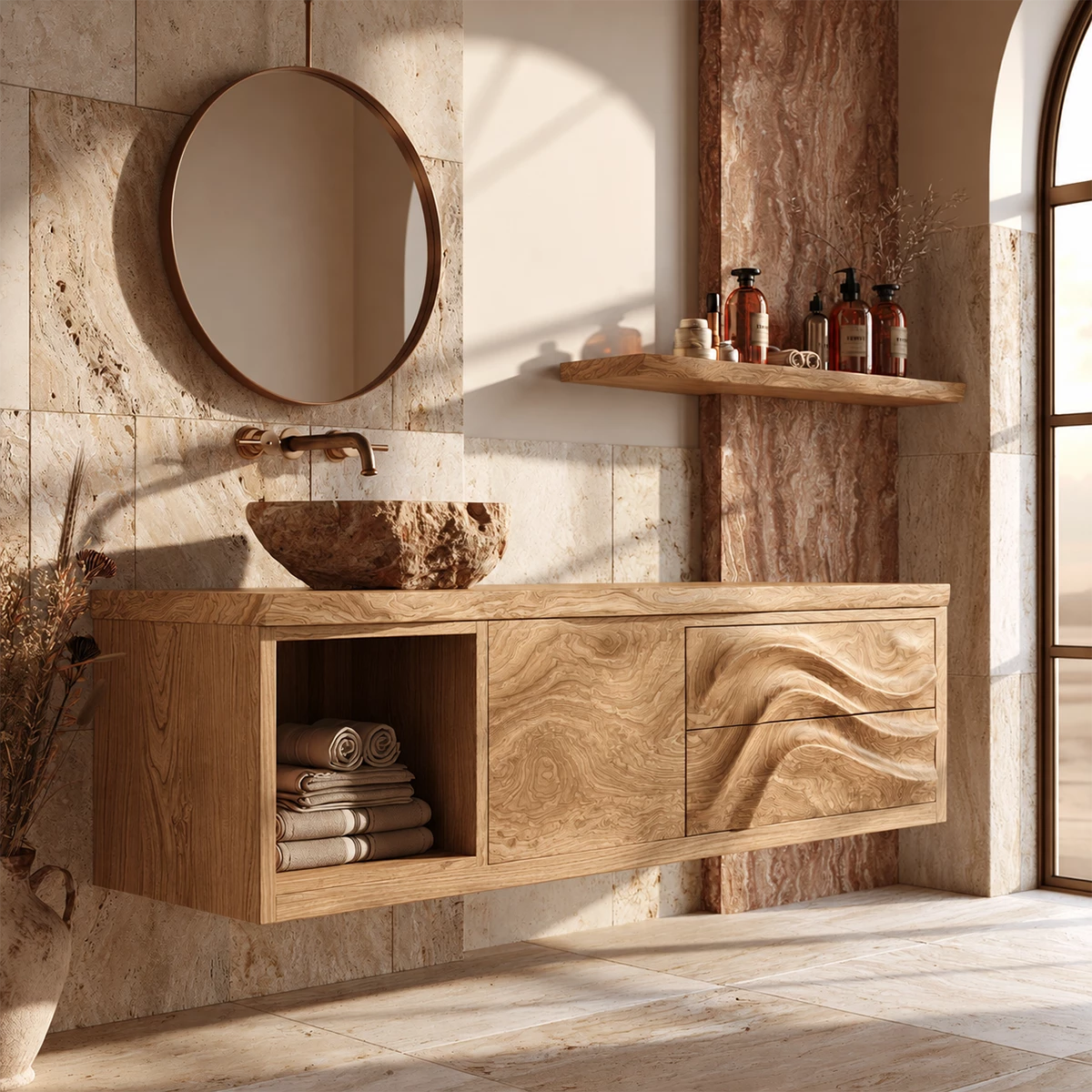 Natural Solid Wood Floating Bathroom Vanity with Wave Carved Drawers - Livewoodcraft - 4